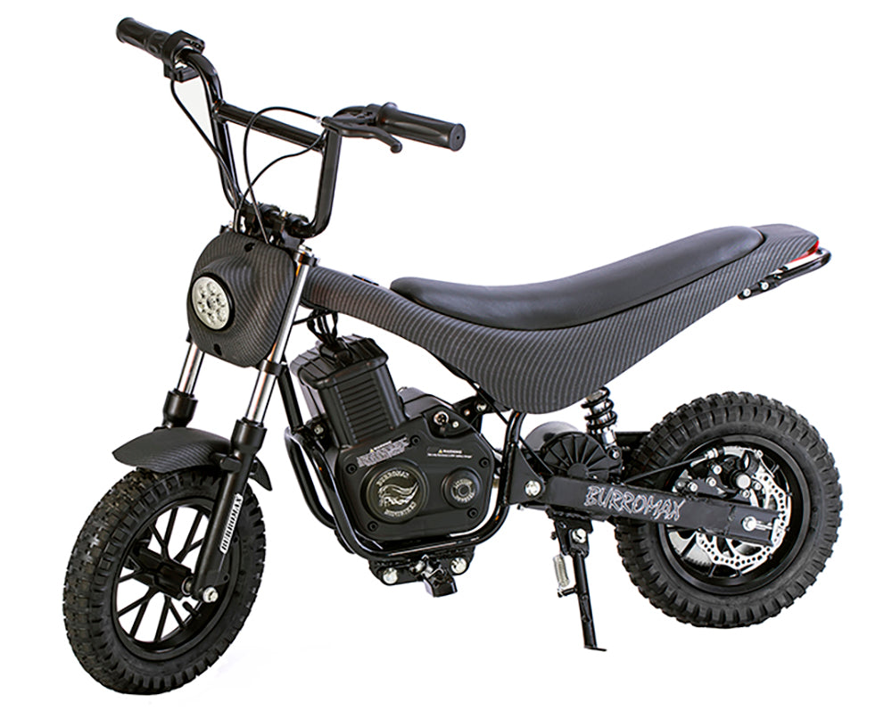 The Burromax Electric Mini Bike TT350R, in matte black carbon fiber, features thick knobby tires, raised handlebars, a cushioned seat, circular headlight, visible full suspension, pedals, and a sturdy frame. The Burromax brand appears on the side.