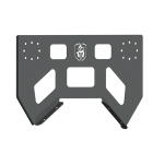 The 2007-2020 Jeep JL Rubicon Stealth Rear Tire Carrier 4 Gallon Rotopax Mount in texture black features angular metal, geometric cutouts, a Spartan helmet logo at the top, multiple screw holes, and two prongs for secure mounting.
