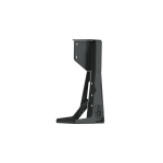 A 2007+ Jeep JL Rubicon Stealth Rear Tire Carrier Hilift Jack Mount in texture black is shown upright on a white background. The minimalistic, L-shaped design has a stable base, angled support, and features a circular logo with initials.