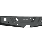 The 2011-2016 Ford F-250 Spartan Rear Bumper by Road Armor features a textured black finish, angular design with cutouts and mounting holes, reinforced edges for durability, and a rugged embossed central panel ideal for trucks or SUVs.