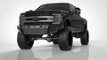 A black Ford F-250 (2017-2021) with a lifted suspension, off-road tires, and the Identity Front Bumper Full Kit (Center Section Smooth, Standard End Pods, X2 Cube Light Pods, Accent Lights, Hyve - Raw Steel) is showcased in a studio on white.