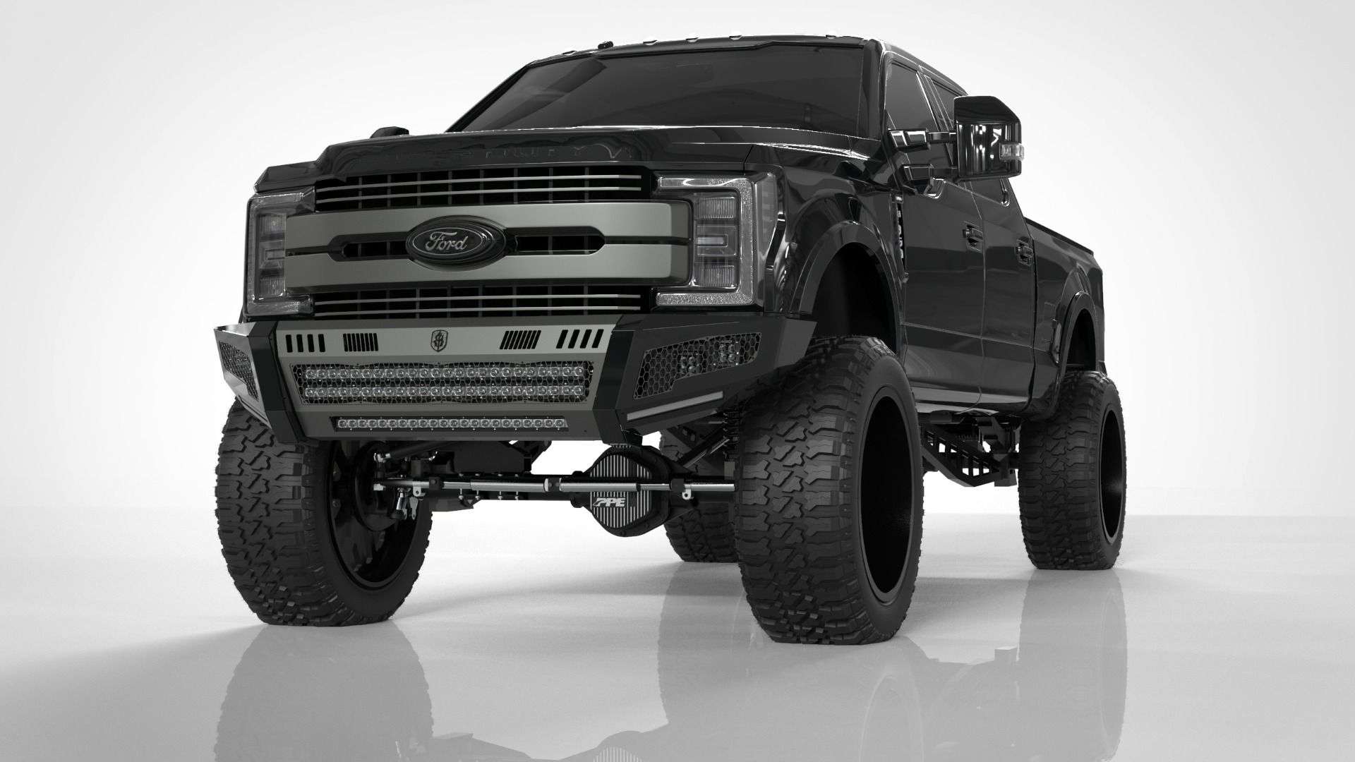 A black Ford F-250 (2017-2021) with a lifted suspension, off-road tires, and the Identity Front Bumper Full Kit (Center Section Smooth, Standard End Pods, X2 Cube Light Pods, Accent Lights, Hyve - Raw Steel) is showcased in a studio on white.