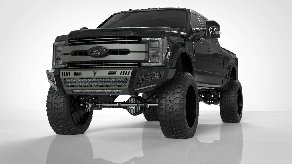 2017-2021 Ford F-250 Identity Front Bumper Full Kit Center Section Smooth|Standard End Pods|Light Pod X2 Cube|Accent Lights|Ring - Raw Steel