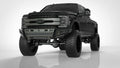 A 2017-2021 Ford F-250 featuring the Identity Front Bumper Full Kit (center section shackle, standard end pods, X2 cube light pods, accent lights, black ring) is parked in a bright white studio and seen from the front left.