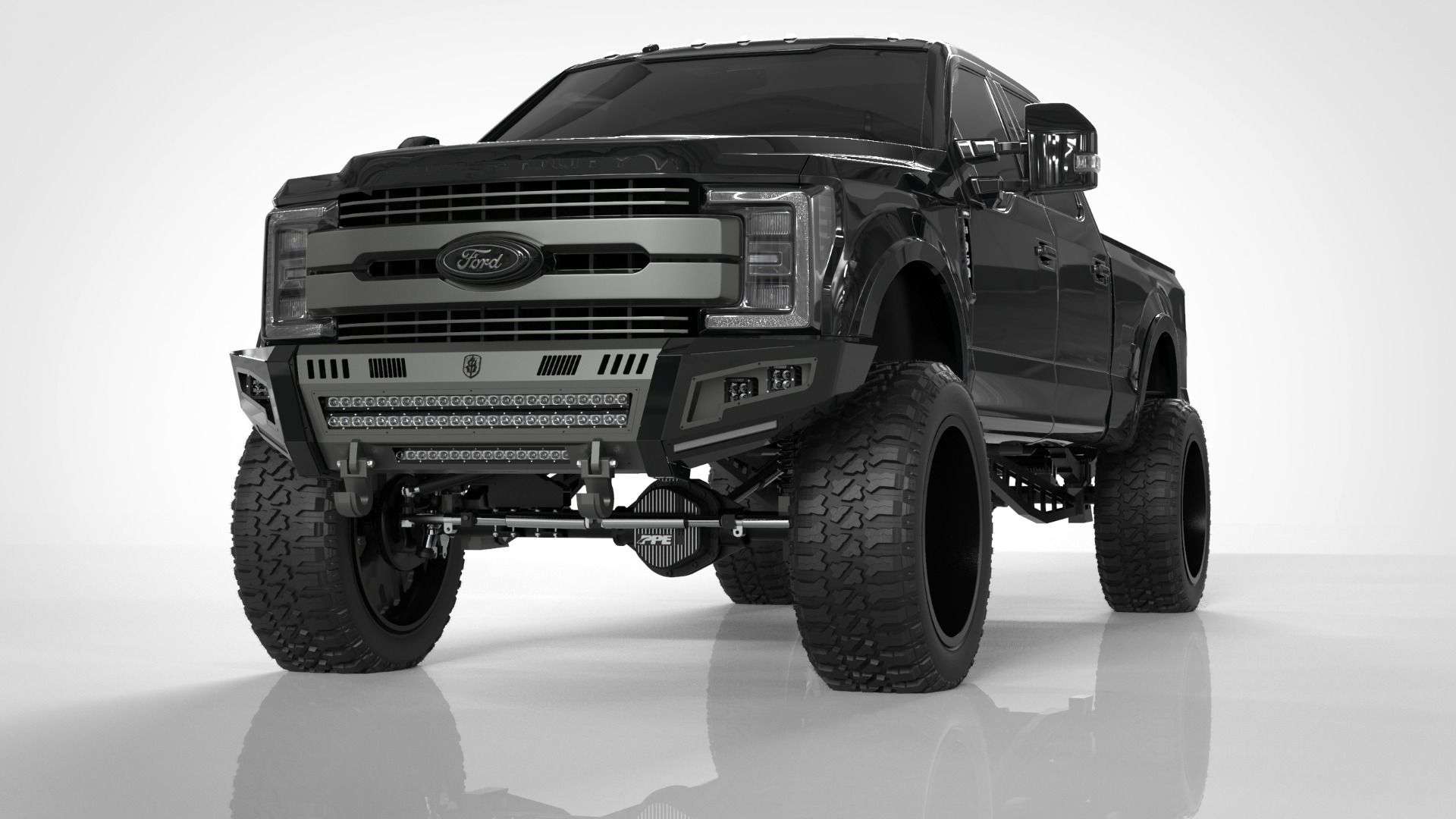 A 2017-2021 Ford F-250 featuring the Identity Front Bumper Full Kit (center section shackle, standard end pods, X2 cube light pods, accent lights, black ring) is parked in a bright white studio and seen from the front left.