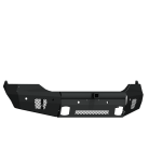 A textured black 2013-2018 Ram 1500 Vaquero Front Non-Winch Bumper with a 2-in receiver, angular edges, vent holes, and cutouts. Built for durability and rugged trucks, it offers accessory or light mounts. Transparent background.