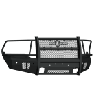 The 2013-2018 Ram 1500 Vaquero Front Non-Winch Bumper Full Guard in texture black features a heavy-duty grille, mesh center protection, side headlight guards, reinforced bars, center logo, and base mounting points for durability.