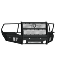 The 2013-2018 Ram 1500 Vaquero Front Non-Winch Bumper Full Guard in texture black features a heavy-duty grille, mesh center protection, side headlight guards, reinforced bars, center logo, and base mounting points for durability.