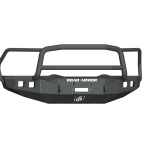 The 2015-2018 Ram Rebel Stealth Front Winch Bumper Lonestar Guard features textured black steel, an angular design, grille guard, fog light mounts, and ROUGH ARMOR in white on front. Fits Warn M12000/Smittybilt XRC. Pictured on transparent background.
