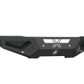The 2015-2019 Chevy 2500 Spartan Front Bumper by Road Armor features a textured black matte finish, angular lines, vent cutouts, reinforced corners, a geometric center pattern with logo—delivering durable modern style for trucks and SUVs.