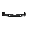 The 2016-2021 Toyota Tacoma Stealth Rear Winch Bumper in texture black features angular edges, a built-in step, a red circular accent on the left, and a white REAR ARMOR label on the right, designed for off-road durability.