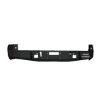 The 2016-2021 Toyota Tacoma Stealth Rear Winch Bumper in texture black features angular edges, a built-in step, a red circular accent on the left, and a white REAR ARMOR label on the right, designed for off-road durability.