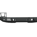 A matte black 2018-2021 Jeep JL Rubicon Stealth Rear Bumper (mid-width, with tire carrier hole) is shown from the side. It features angular lines, cut-outs, and ADD-LD ARMORY text, isolated on a transparent background.
