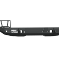 A matte black 2018-2021 Jeep JL Rubicon Stealth Rear Bumper (mid-width, with tire carrier hole) is shown from the side. It features angular lines, cut-outs, and ADD-LD ARMORY text, isolated on a transparent background.