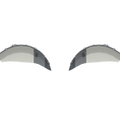 Two curved, gray crescent-shaped objects resembling stylized eyebrows are shown on a transparent background. These are 2018+ Jeep JL Rubicon Stealth Rear Fender Liners, made from raw stainless steel by JL Body Armor.