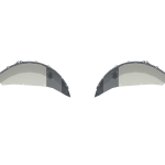 Two curved, gray crescent-shaped objects resembling stylized eyebrows are shown on a transparent background. These are 2018+ Jeep JL Rubicon Stealth Rear Fender Liners, made from raw stainless steel by JL Body Armor.