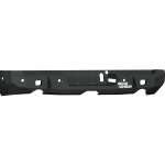 The 2019+ Ram 1500 Stealth Rear Non-Winch Bumper features a heavy-duty, textured black metal build with angular edges, cutouts, mounting holes, and a visible white Steelcraft logo near the right side, shown on a white background.