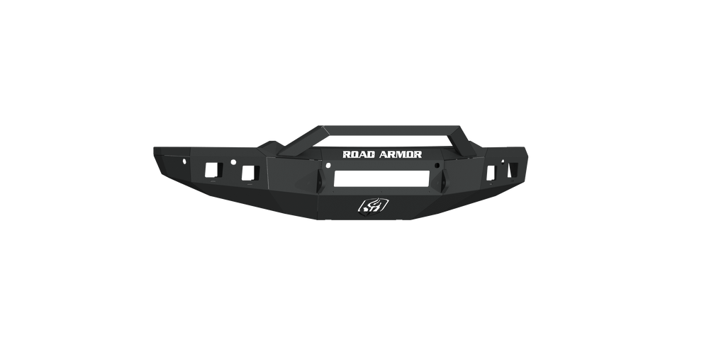 A texture black 2019+ Ram 1500 Stealth Front Non-Winch Bumper Sheet Metal Pre-Runner Guard. Features “ROAD ARMOR” in white at the top center, square cutouts on each side, and the Road Armor logo at the bottom center on a transparent background.