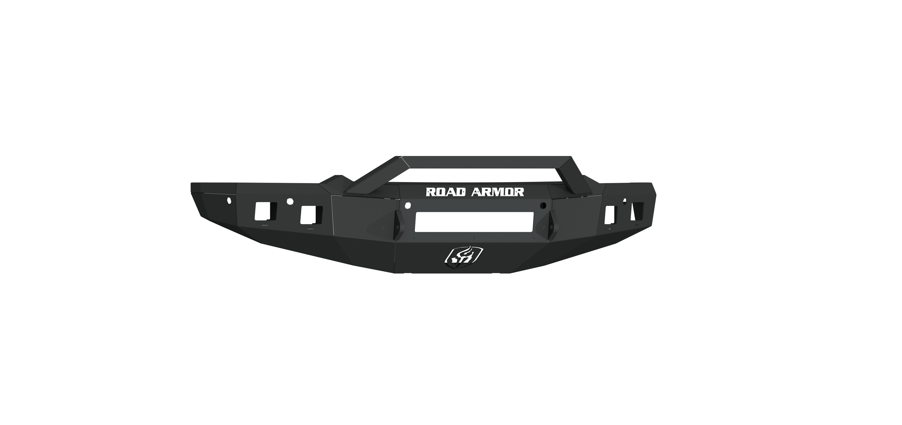 A texture black 2019+ Ram 1500 Stealth Front Non-Winch Bumper Sheet Metal Pre-Runner Guard. Features “ROAD ARMOR” in white at the top center, square cutouts on each side, and the Road Armor logo at the bottom center on a transparent background.
