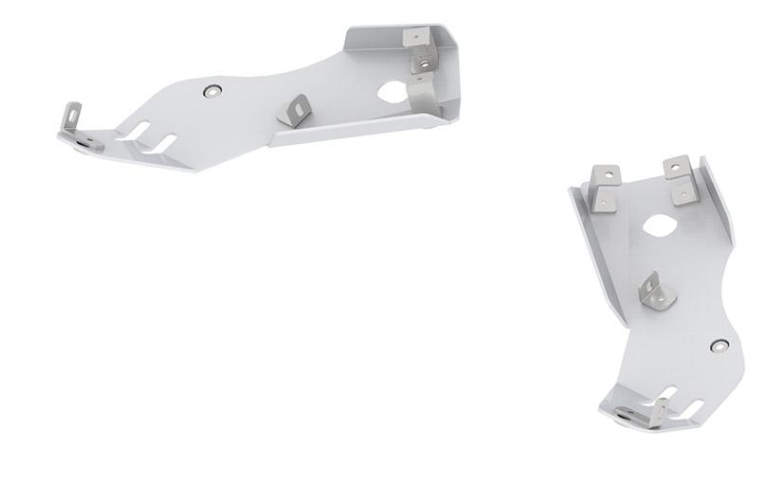 Two identical aluminium Rear A-arm guards for CanAm G2 Outlander/Renegade (2019+) are shown with angled edges, flat and bent mounting tabs, and a central circular hole. The guards are placed at different angles on a white background.
