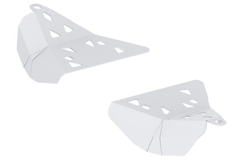 A pair of Front A-arm guards for CanAm G2 Outlander/Renegade (2019+) with a metallic, folded design featuring triangular cutouts, flat and angled surfaces, plus mounting holes. Symmetrical and shown against a white background.