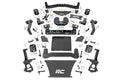 Flat lay of a 6 Inch Lift Kit for Chevy/GMC Tahoe/Yukon 4WD (2021-2024) showing black metal brackets, RC-labeled plates, bolts, nuts, washers, spacers, and mounting hardware neatly organized on a white background.