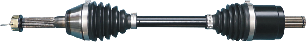 A close-up of a CV axle shaft with rubber boots and metal clamps at both ends, grooved metal ends for connecting to a vehicle, and a black cylindrical shaft in the center. The background is plain and unobtrusive.