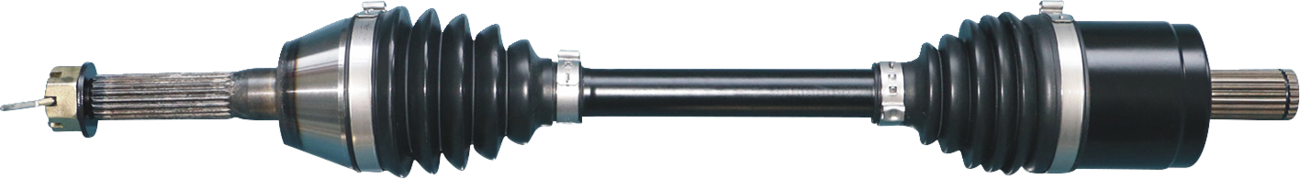 A close-up of a CV axle shaft with rubber boots and metal clamps at both ends, grooved metal ends for connecting to a vehicle, and a black cylindrical shaft in the center. The background is plain and unobtrusive.