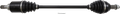 A black automotive axle shaft with rubber boots on both ends and metal splines is displayed horizontally. A small metal cotter pin lies below the shaft, centered against a plain white background.