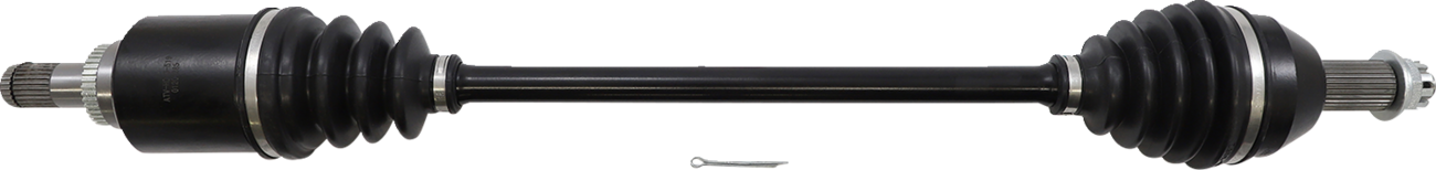 A black automotive axle shaft with rubber boots on both ends and metal splines is displayed horizontally. A small metal cotter pin lies below the shaft, centered against a plain white background.
