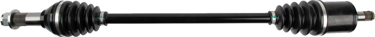 A black automotive drive shaft with metal splined ends and rubber boots on both sides, designed for transmitting power from the vehicle’s transmission to the wheels. The component is photographed horizontally against a plain background.