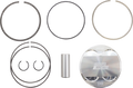 A metal piston kit is displayed on a white background, including a shiny piston marked MOOSE RACING EXH, rings, a cylinder pin, and two circlips. All components are arranged neatly in a flat lay.