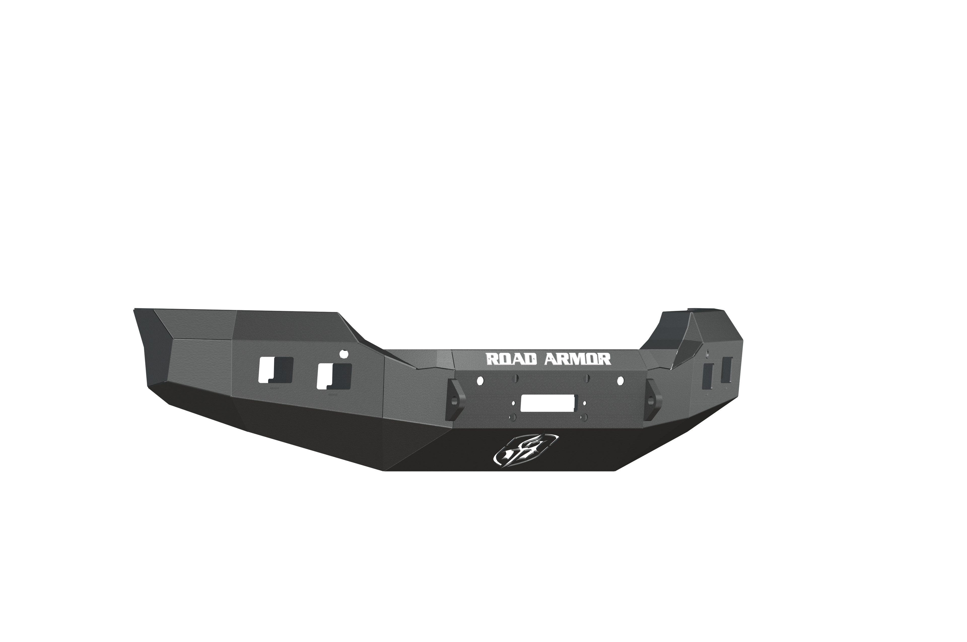 The 2015-2019 GMC 2500 Stealth Front Winch Bumper features heavy-duty textured black steel with angular edges, cutouts for lights, and ROAD ARMOR branding and logo. Compatible with Warn M12000 and Smittybilt XRC winches; shown on a transparent background.