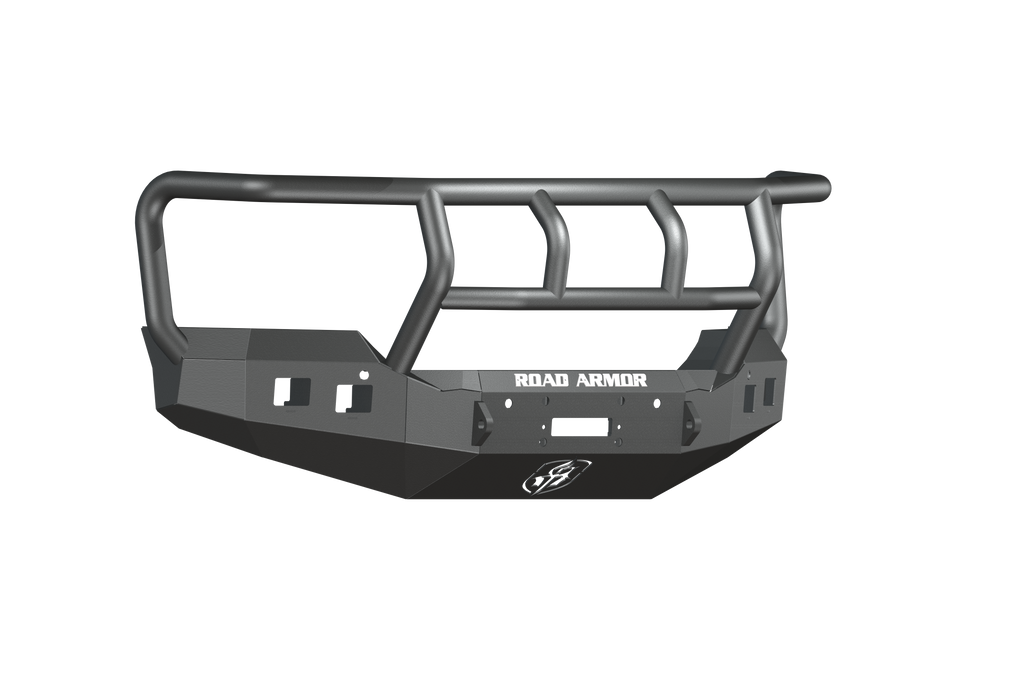 The 2015-2019 GMC 2500 Stealth Front Winch Bumper with Titan II Guard in textured black features angular lines, cutouts for lights, grille guard, mounting points, white ROAD ARMOR logo, and fits Warn M12000 or Smittybilt XRC winches. Transparent backgroun
