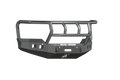 The 2015-2019 GMC 2500 Stealth Front Winch Bumper with Titan II Guard in textured black features angular lines, cutouts for lights, grille guard, mounting points, white ROAD ARMOR logo, and fits Warn M12000 or Smittybilt XRC winches. Transparent backgroun