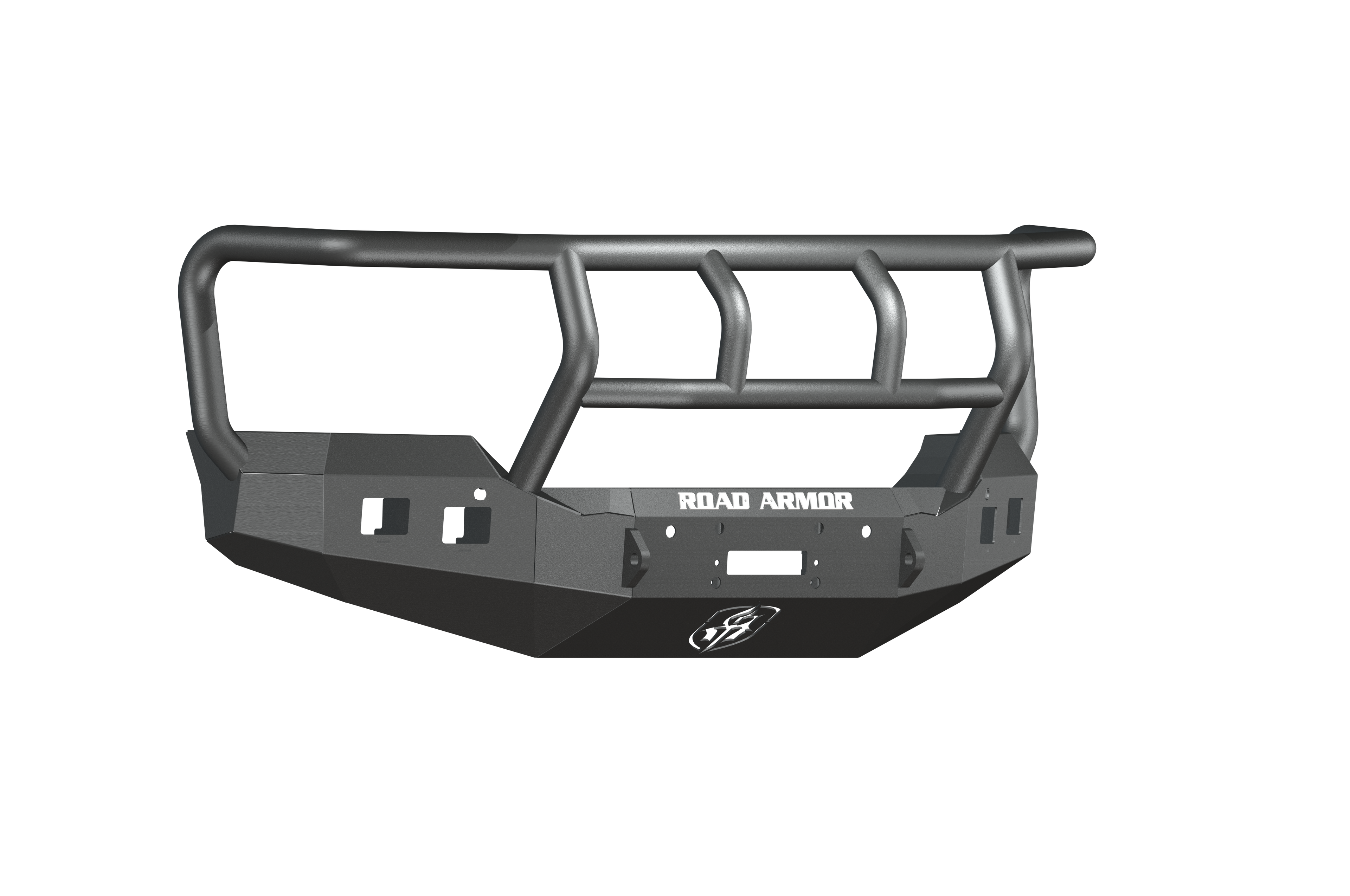 The 2015-2019 GMC 2500 Stealth Front Winch Bumper with Titan II Guard in textured black features angular lines, cutouts for lights, grille guard, mounting points, white ROAD ARMOR logo, and fits Warn M12000 or Smittybilt XRC winches. Transparent backgroun