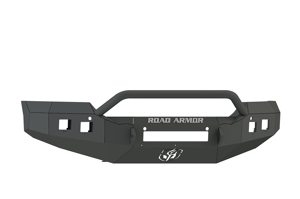 The 2015-2019 GMC 2500 Stealth Front Non-Winch Bumper Pre-Runner Guard in texture black features angular edges, mounting points for lights, a tubular grille guard on top, and a central ROAD ARMOR cutout with the Road Armor logo at the bottom center.