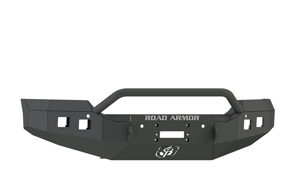 The 2015-2019 GMC 2500 Stealth Front Winch Bumper Pre-Runner Guard in textured black features angular edges, a center bull bar, integrated winch mount (Warn M12000/Smittybilt XRC), two square fog light cutouts per side, and silver “ROAD ARMOR” with a whit