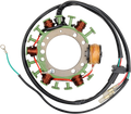 A circular stator coil assembly with seven copper wire windings, a central metal ring with mounting holes, a bundle of yellow wire, and attached black, green, and red electrical wires with connectors.