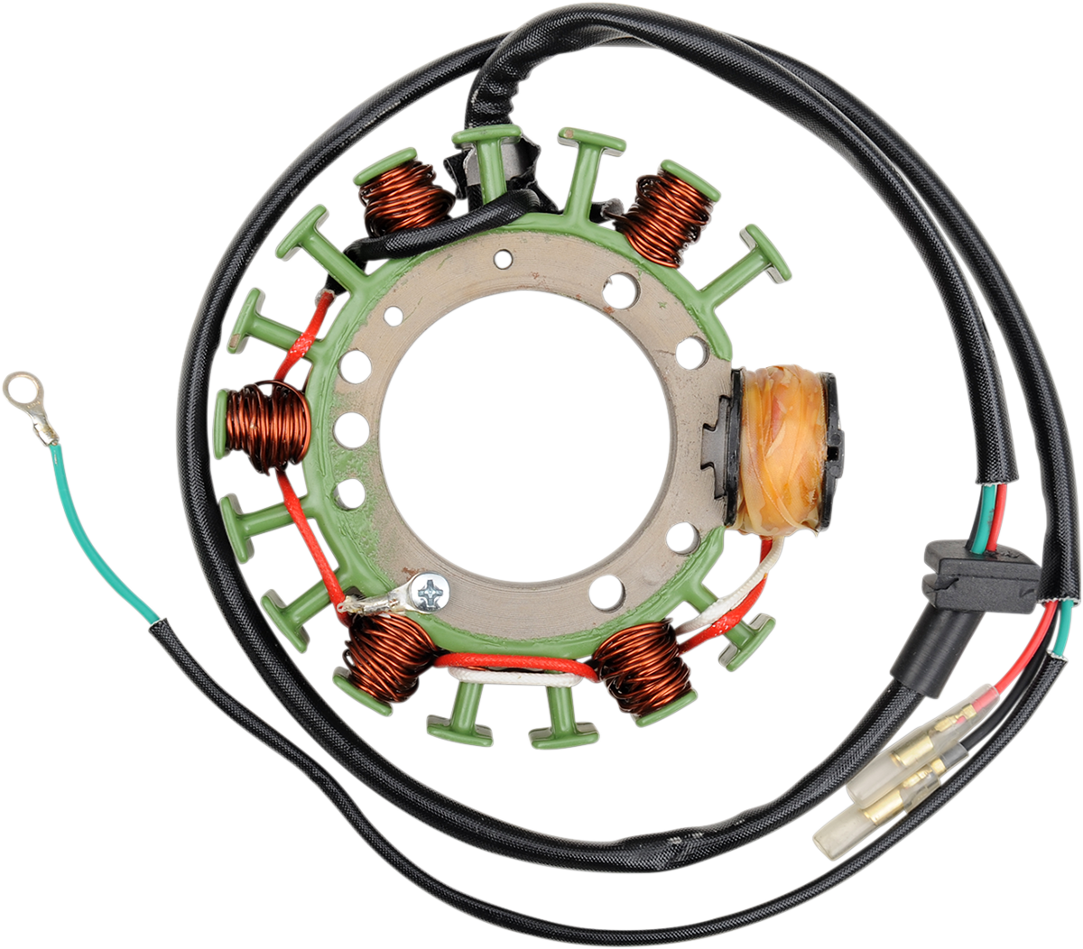 A circular stator coil assembly with seven copper wire windings, a central metal ring with mounting holes, a bundle of yellow wire, and attached black, green, and red electrical wires with connectors.