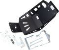 A black metal skid plate with geometric cutouts is displayed with an assortment of mounting hardware, including metal brackets, bolts, washers, and screws, all laid out on a white background.
