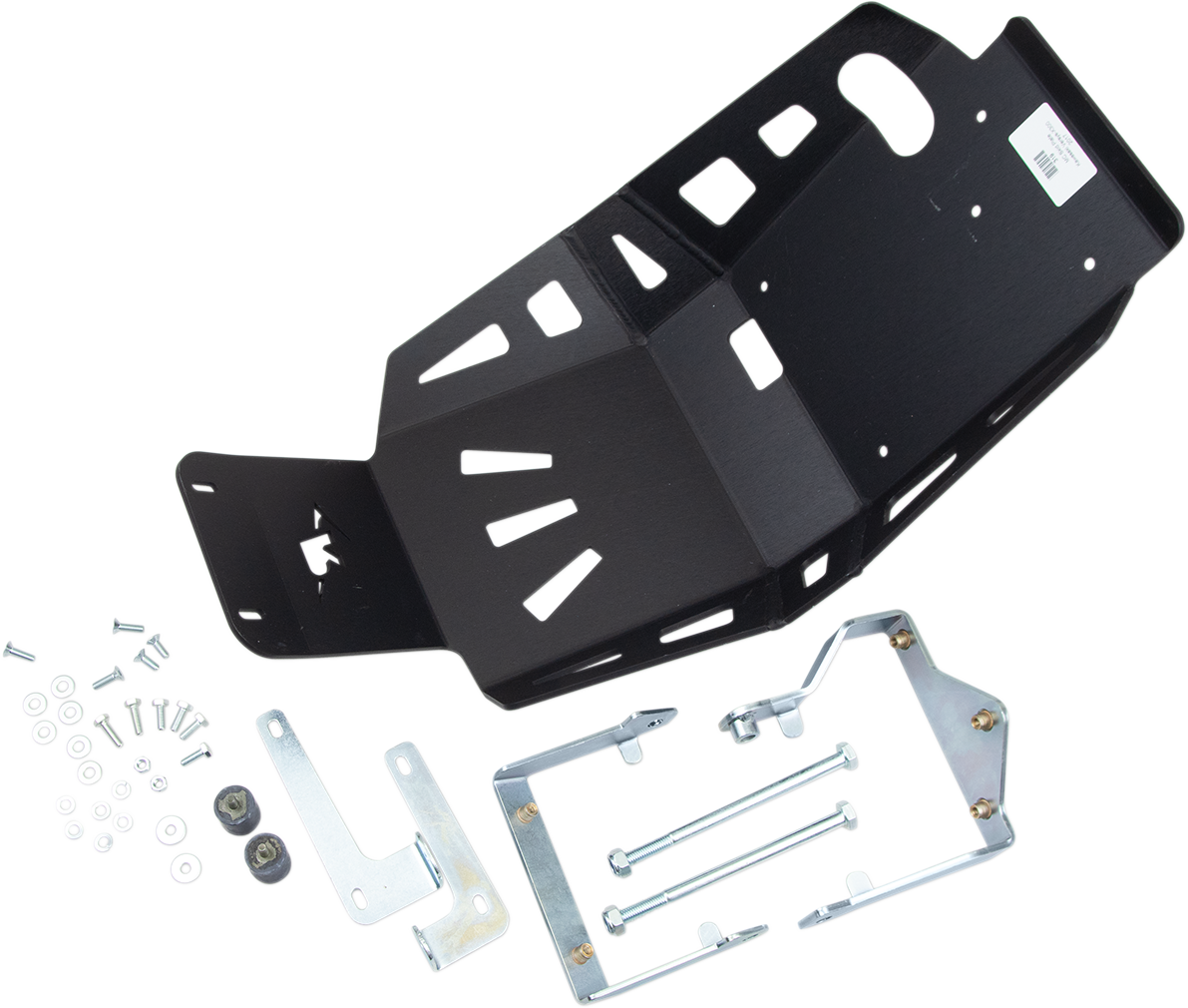 A black metal skid plate with geometric cutouts is displayed with an assortment of mounting hardware, including metal brackets, bolts, washers, and screws, all laid out on a white background.
