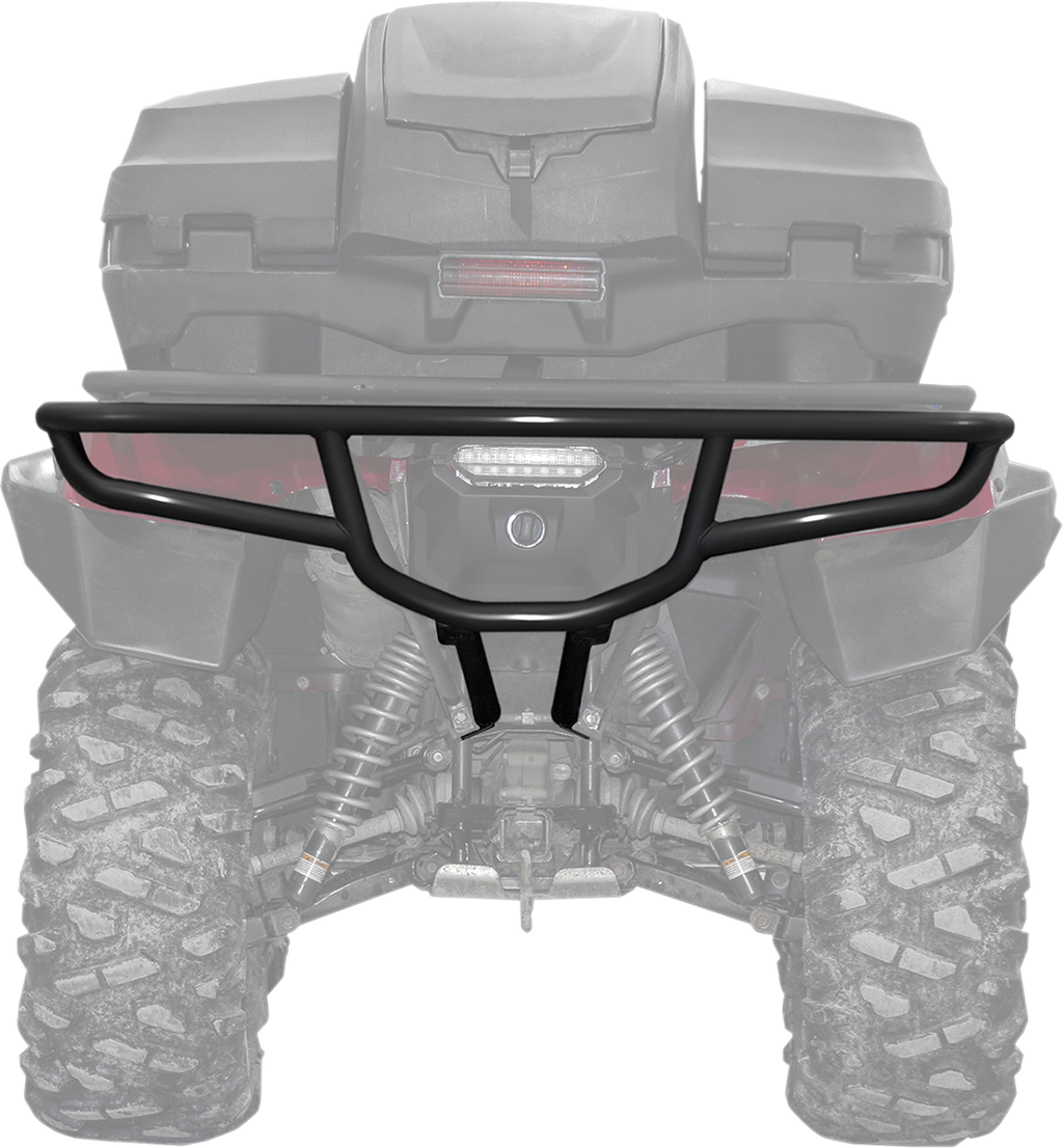 The image shows the rear view of an ATV with a black, metal rear bumper guard installed. The bumper is U-shaped with a sturdy frame, wrapping around the back and partially up the sides, protecting the ATV’s rear end and taillight.