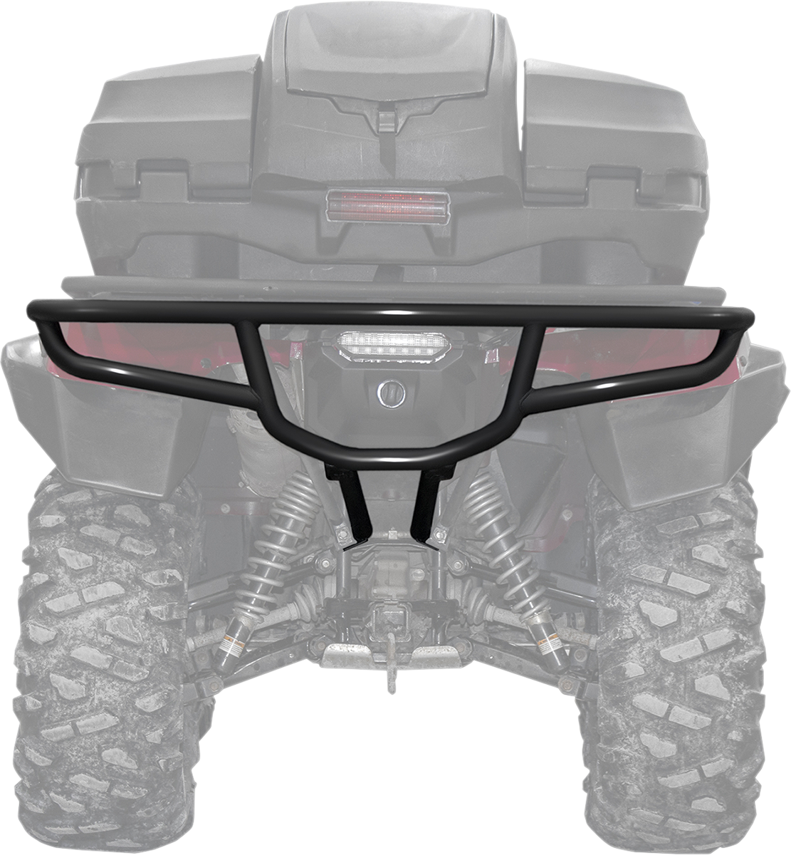 The image shows the rear view of an ATV with a black, metal rear bumper guard installed. The bumper is U-shaped with a sturdy frame, wrapping around the back and partially up the sides, protecting the ATV’s rear end and taillight.