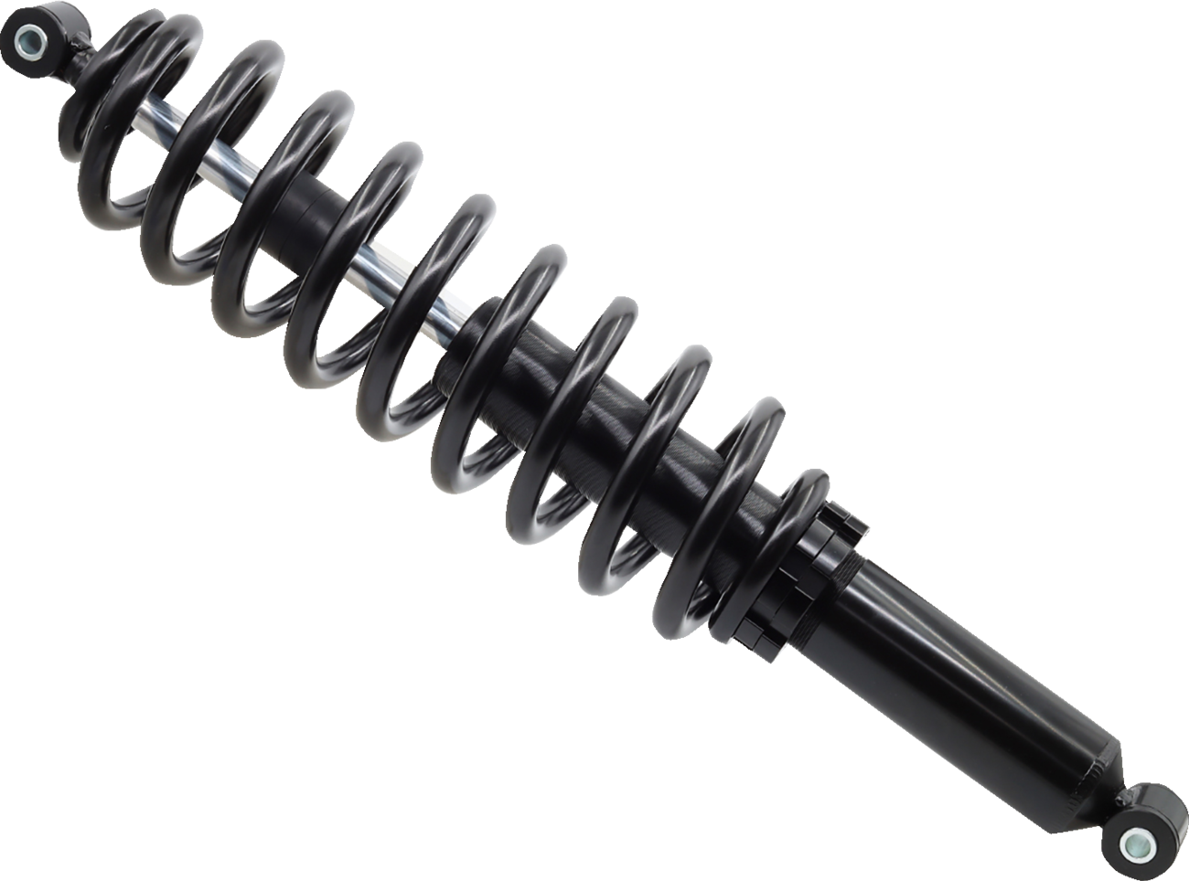 A black coil spring shock absorber, shown diagonally against a white background. The tightly wound metal coil surrounds a cylindrical damper with mounting brackets at both ends, typically used in automotive or motorcycle suspension systems.