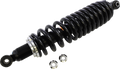 A black coilover shock absorber with a metal coil spring wrapped around a cylindrical body, featuring mounting loops at both ends. Two flat, circular metal washers are placed next to it on a plain white background.