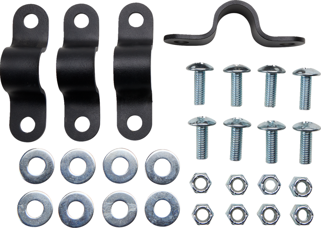 The image shows three black metal pipe clamps, one detached clamp, eight silver bolts, eight washers, and eight hex nuts, all arranged neatly on a white background in rows. The hardware components are organized for easy viewing.