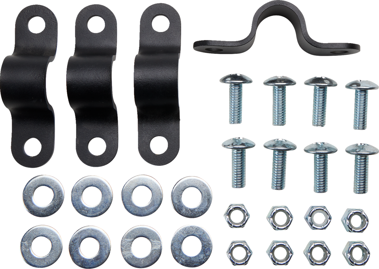 The image shows three black metal pipe clamps, one detached clamp, eight silver bolts, eight washers, and eight hex nuts, all arranged neatly on a white background in rows. The hardware components are organized for easy viewing.