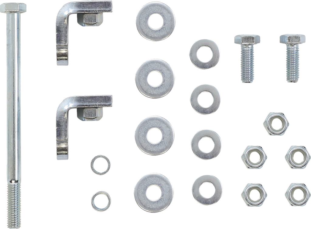 A set of metal hardware arranged neatly on a white background, including a long bolt, two L-shaped brackets with bolts, six washers, two smaller bolts, two small washers, and six hex nuts. All parts appear to be made of shiny silver metal.