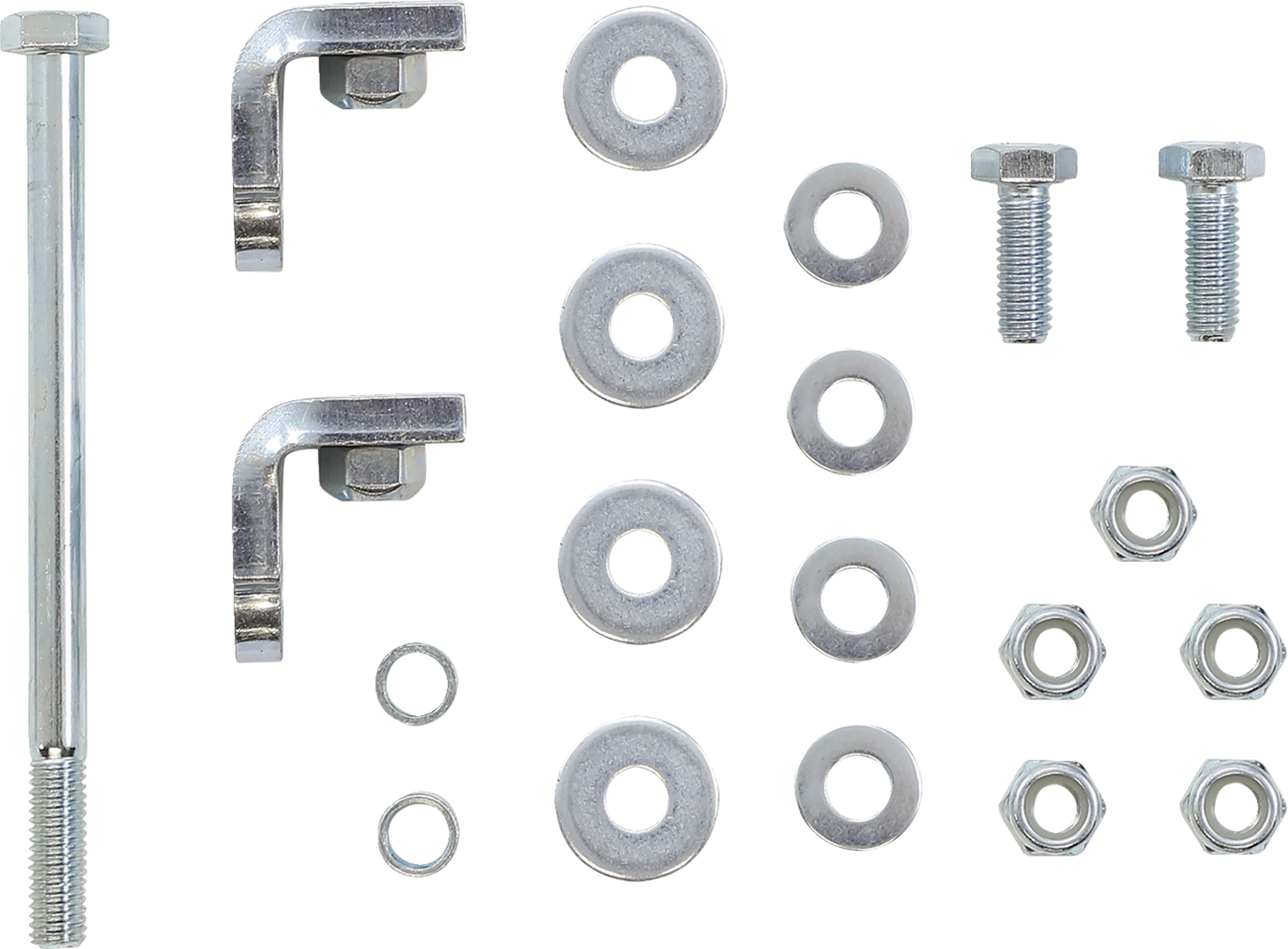A set of metal hardware arranged neatly on a white background, including a long bolt, two L-shaped brackets with bolts, six washers, two smaller bolts, two small washers, and six hex nuts. All parts appear to be made of shiny silver metal.